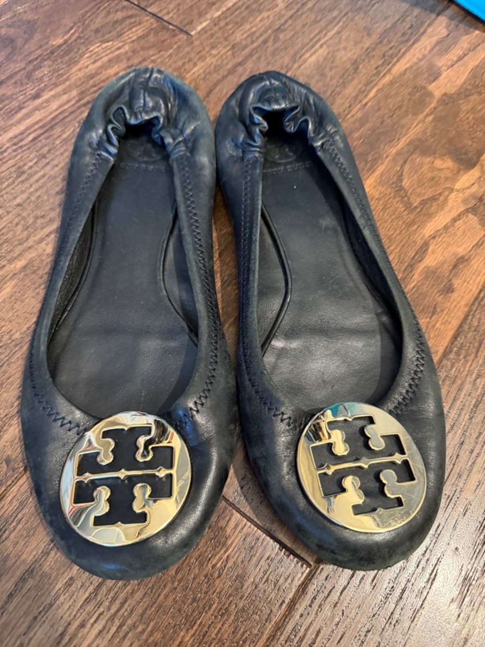 Tory Burch Black Leather Ballet Flats with Gold Logo
